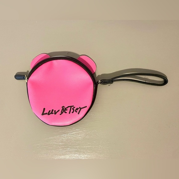 Betsey Johnson Wristlet Hot Pink Bear with heart glasses EUC - Picture 3 of 7